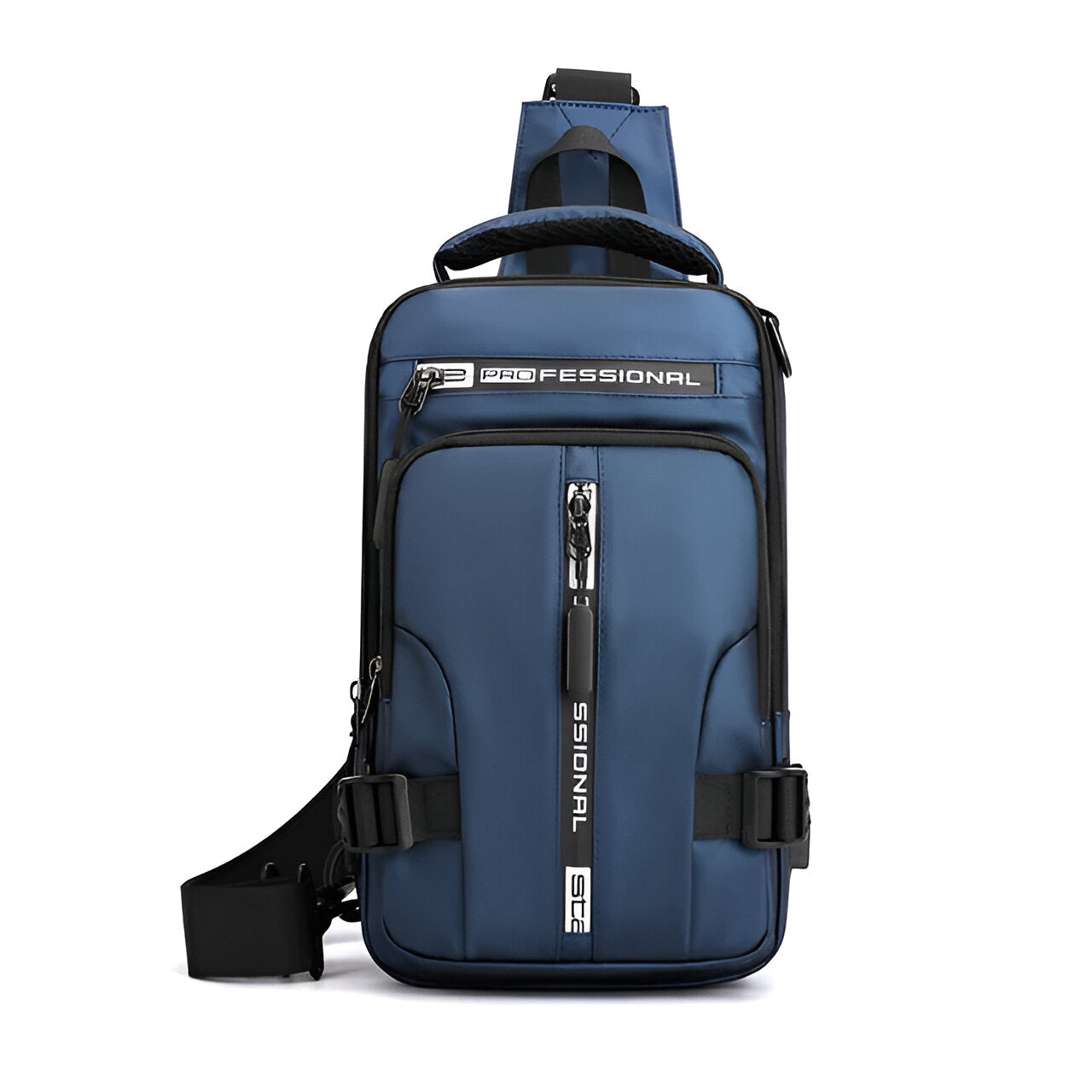 Blauer, wasserdichter Sling-Rucksack für Herren, mit mehreren Fächern und verstellbarem Gurt.