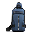 Blauer, wasserdichter Sling-Rucksack für Herren, mit mehreren Fächern und verstellbarem Gurt.