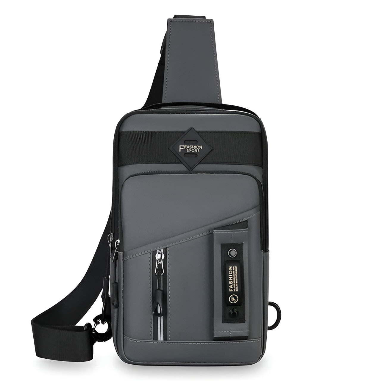 Graue Umhängetasche für Herren, wasserdicht, mit USB-Anschluss, modisch und praktisch.