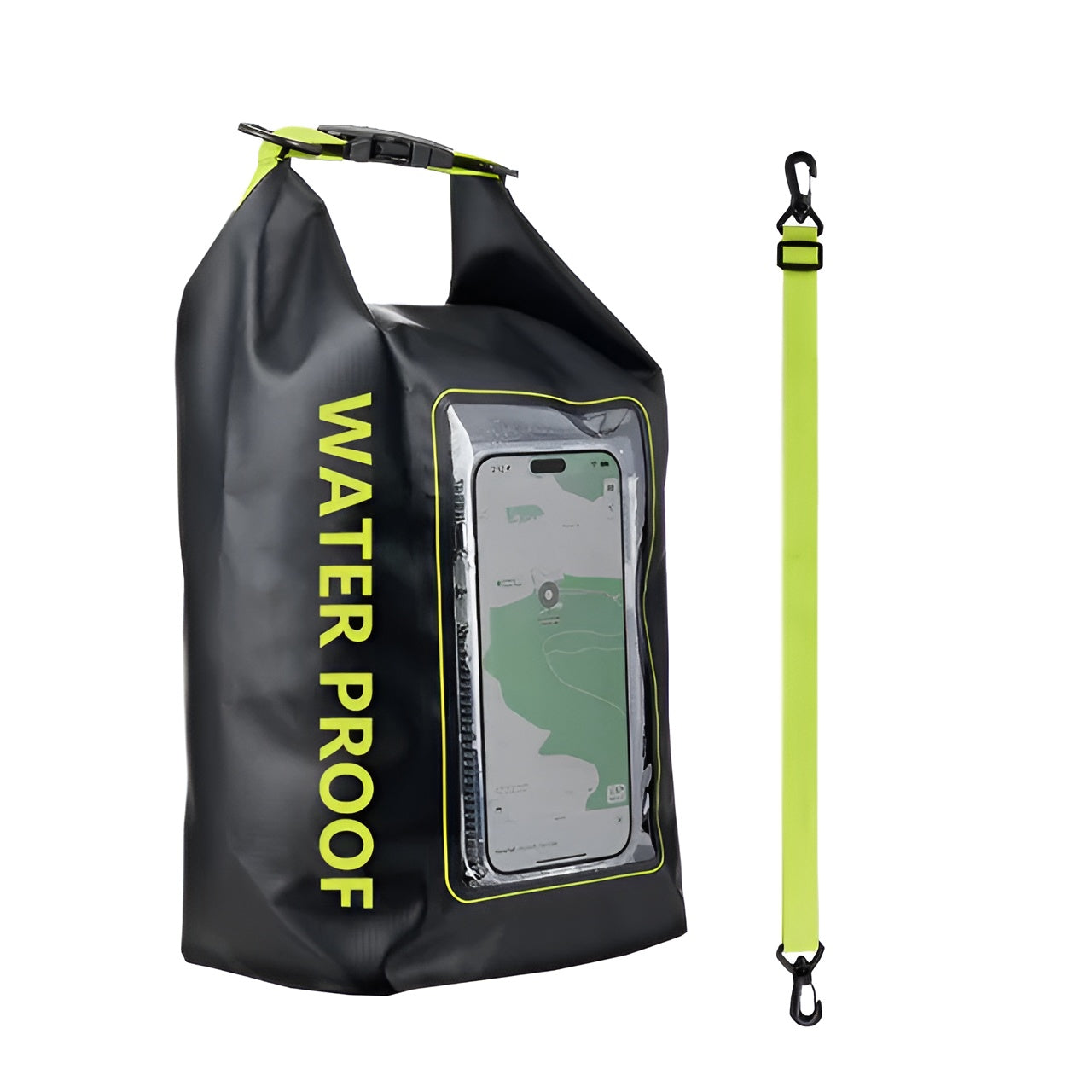 Wasserdichter schwarzer Dry Bag mit Handyfach und gelbem Tragegurt für Outdoor-Aktivitäten.