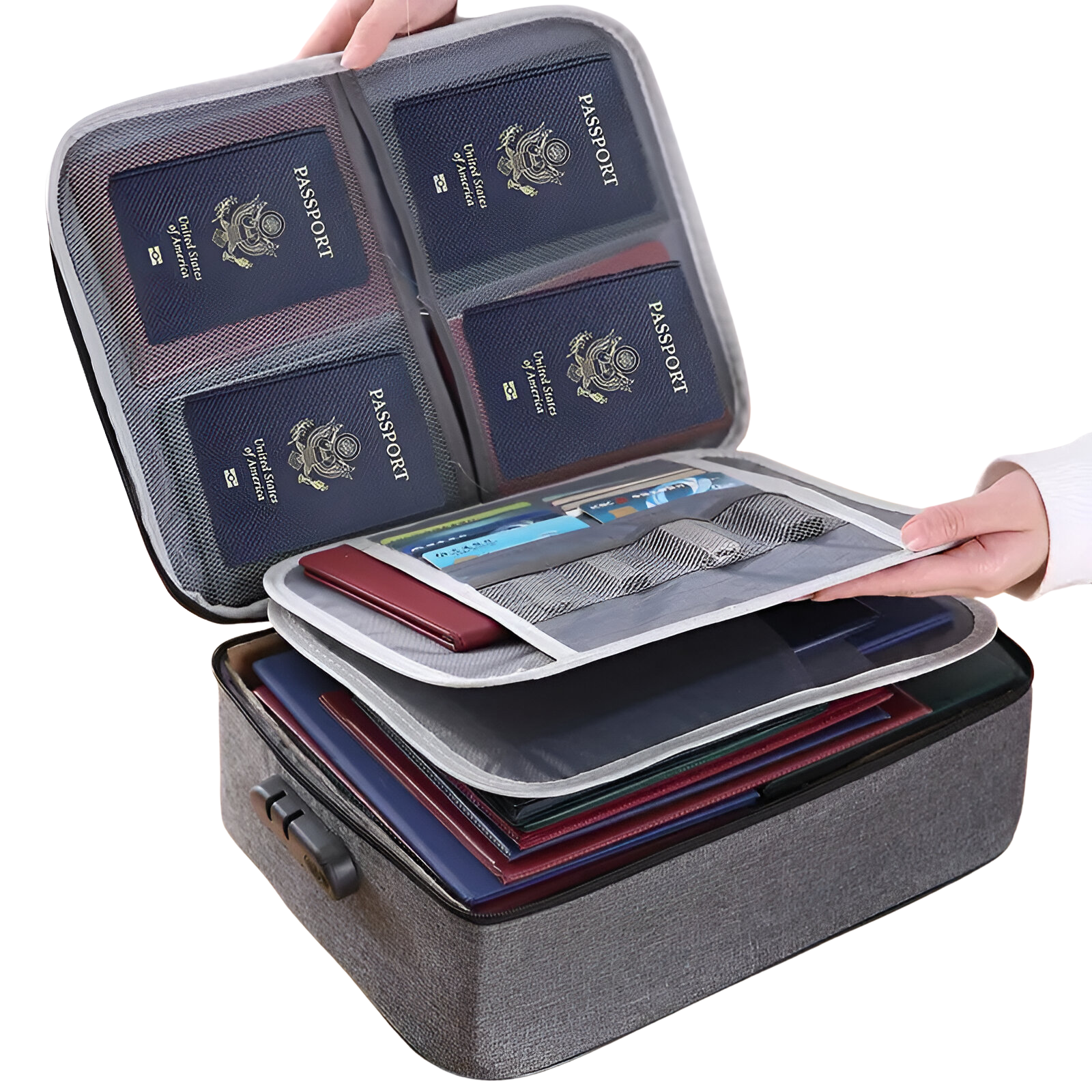 Reisepass-Organizer Tasche, grau, mit mehreren Fächern für Dokumente und Pässe.