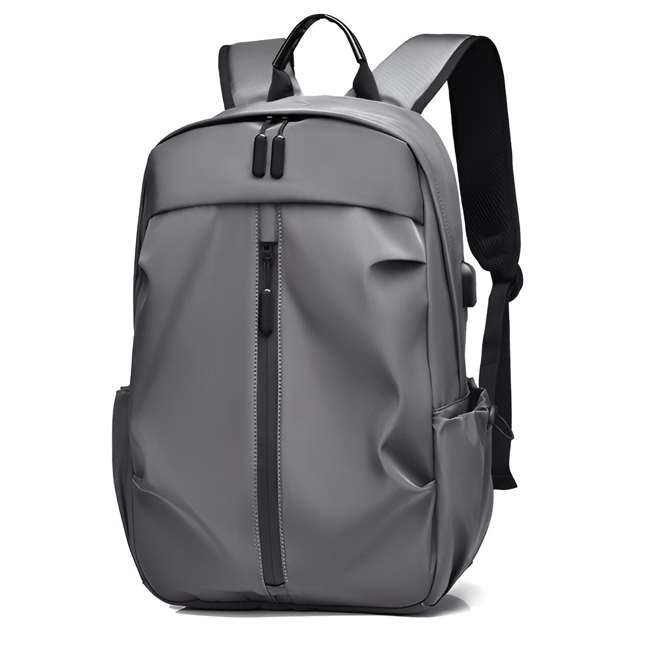 Grauer Laptop-Rucksack, wasserdicht, mit Reißverschluss, für Reisen und Arbeit.