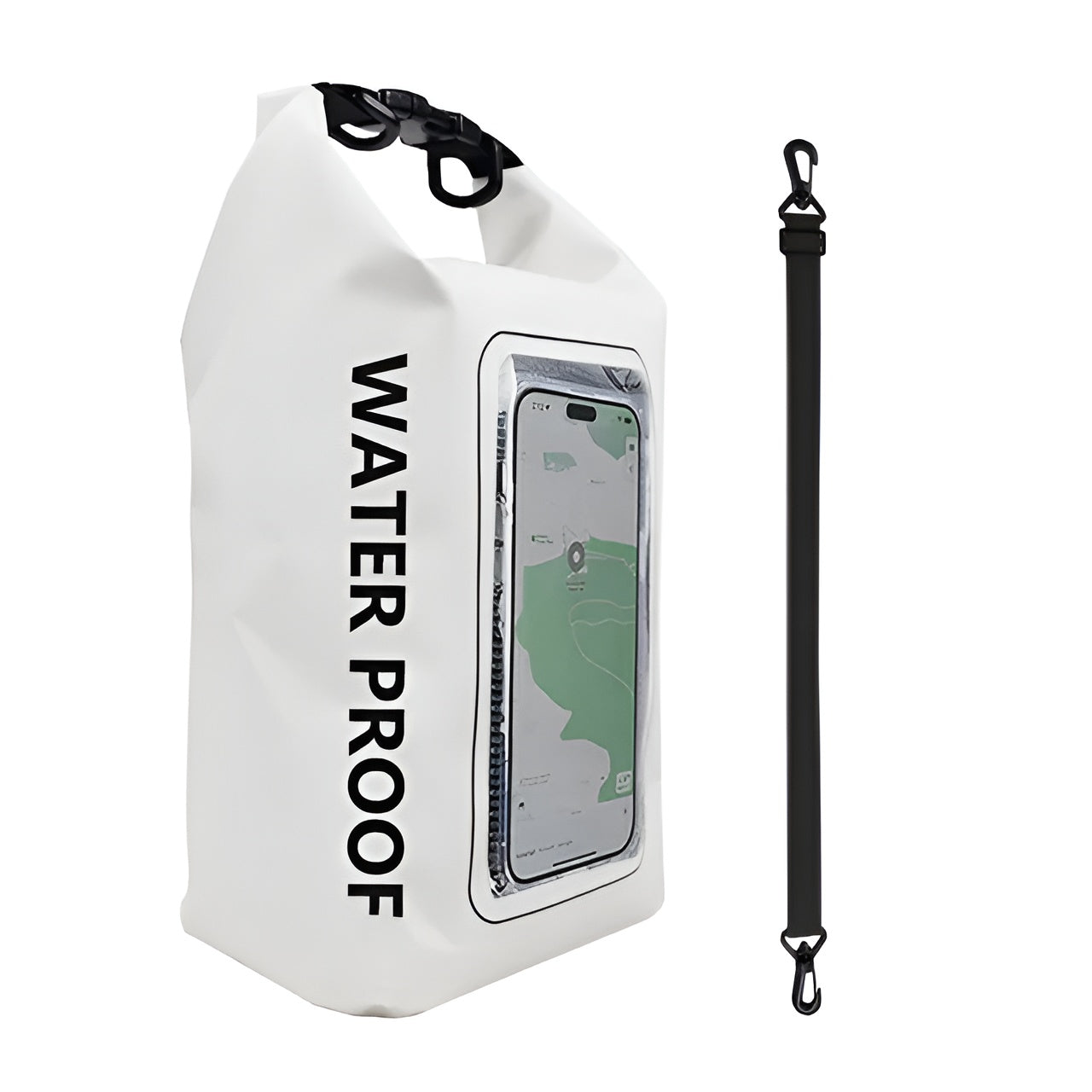 Wasserdichter Beutel mit Handyfach, weiß, für Outdoor-Aktivitäten, mit abnehmbarem Trageriemen.
