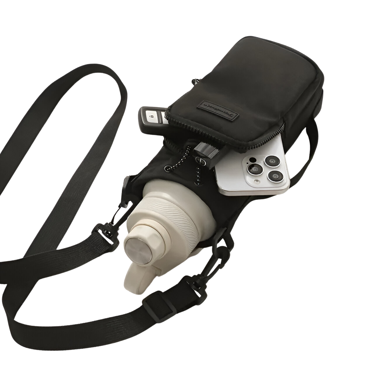 Schwarze Umhängetasche mit Flaschenhalter, Smartphonefach, ideal für Outdoor-Aktivitäten.