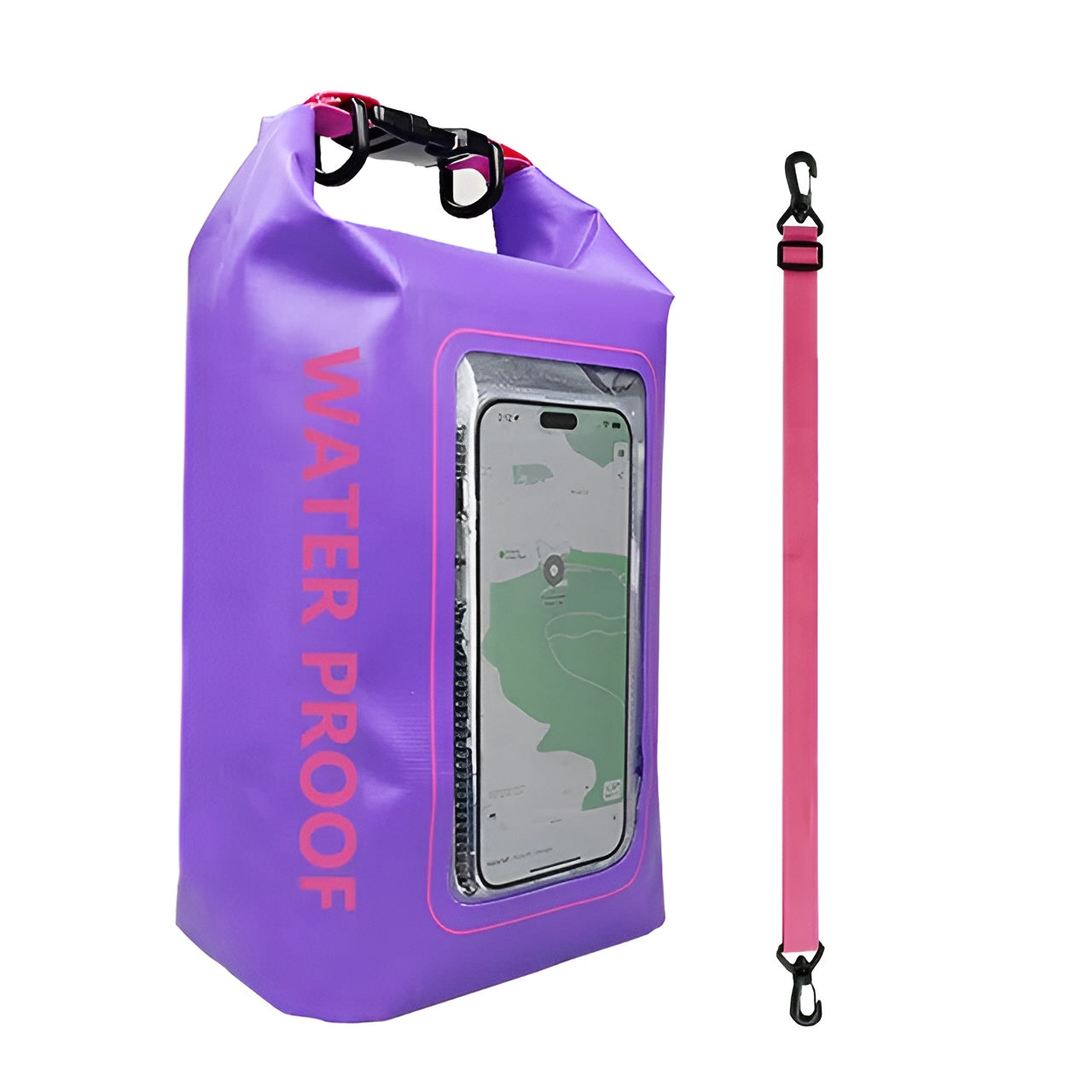 Lila wasserdichte Tasche mit Handyfach, pinkem Schriftzug und abnehmbarem Trageriemen.
