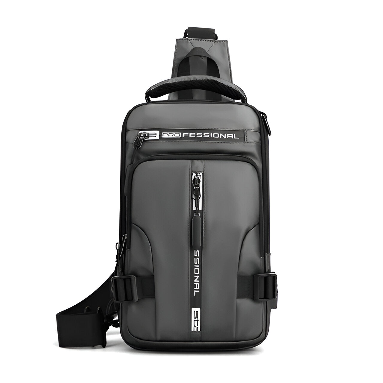 Grauer, wasserdichter Sling-Rucksack aus Leder mit mehreren Fächern für Herren.