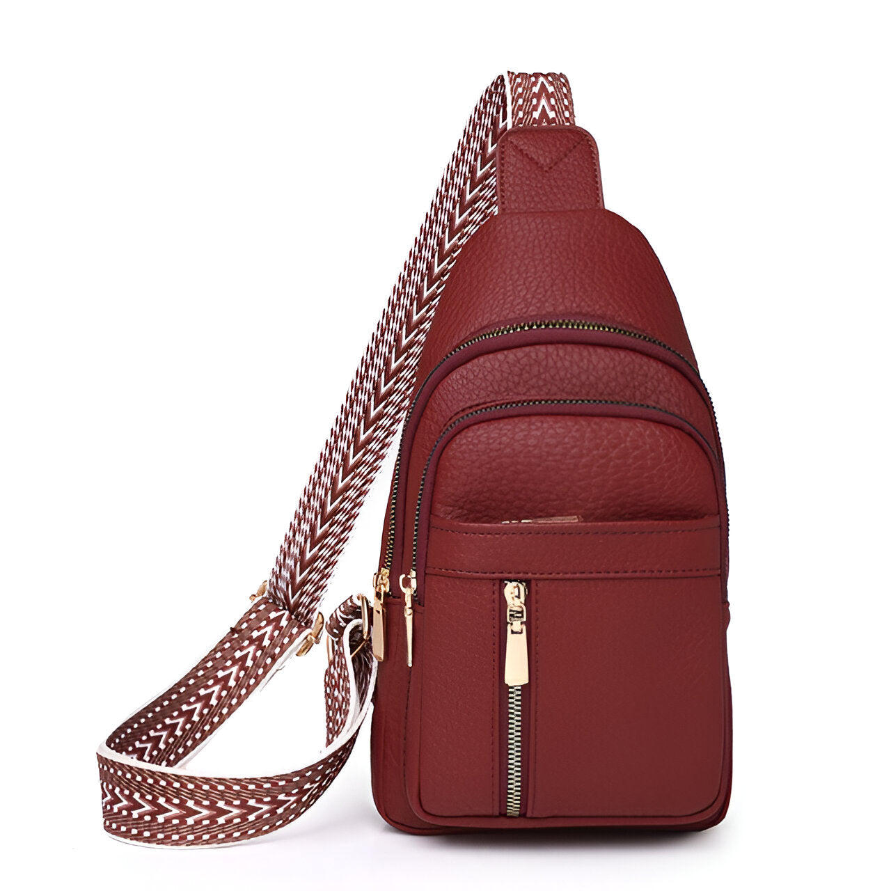 Roter Leder-Rucksack mit gemustertem Schultergurt, Reißverschlusstaschen, modisch und praktisch.