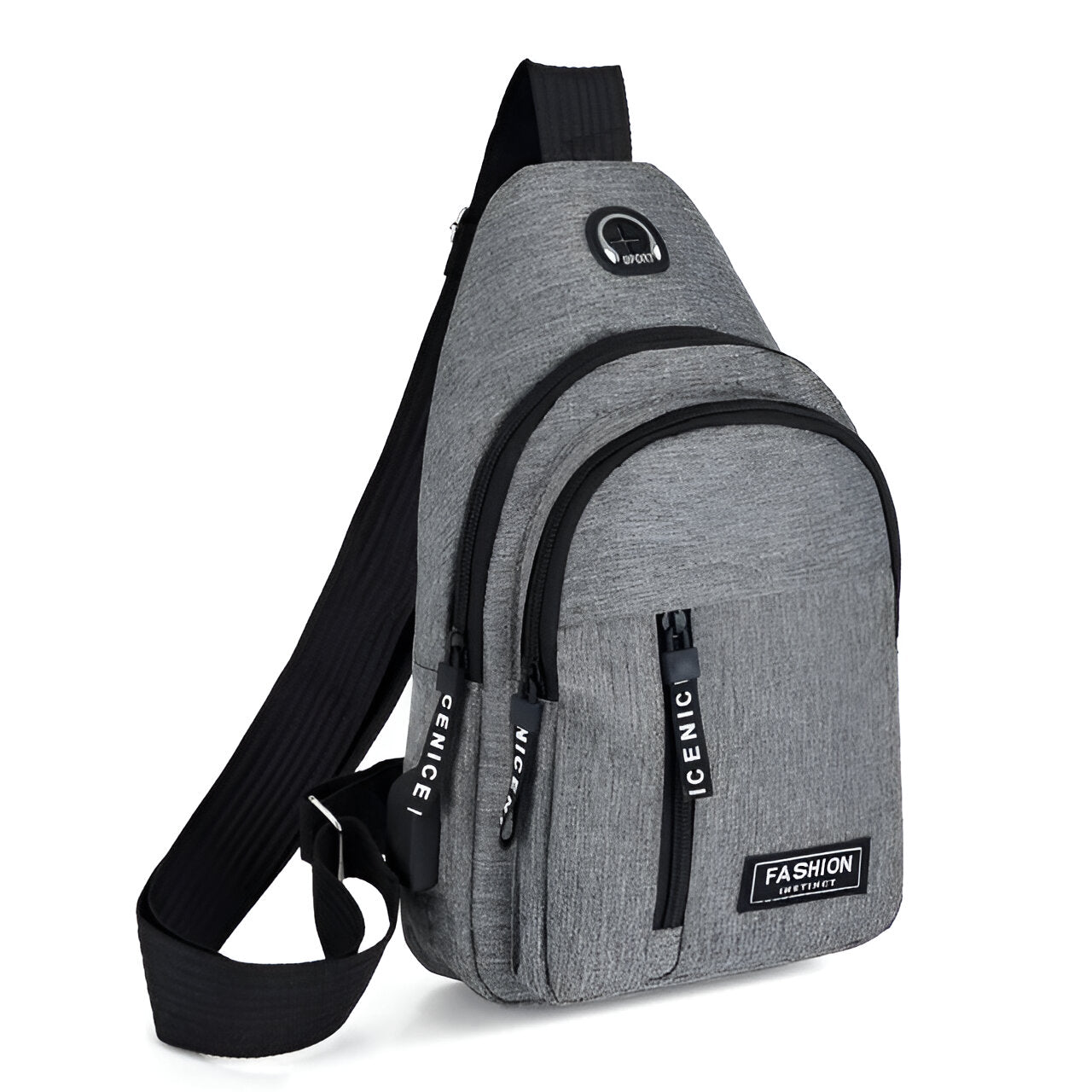 Grauer Sling-Rucksack, wasserabweisend, mit mehreren Fächern, ideal für Reisen und Alltag.