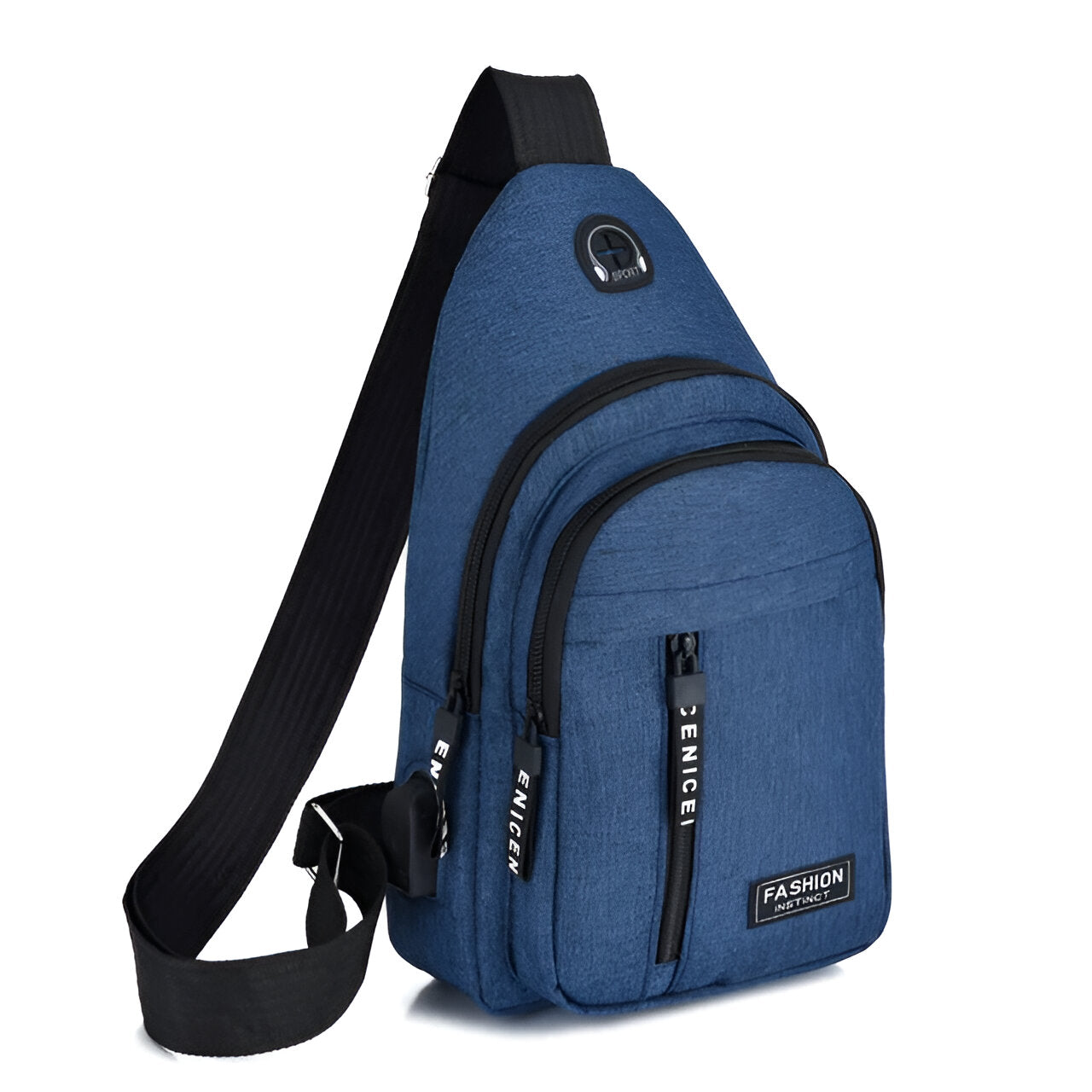 Blaue Umhängetasche mit USB-Anschluss, modisch, mehrere Fächer, ideal für Reisen.