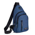Blaue Umhängetasche mit USB-Anschluss, modisch, mehrere Fächer, ideal für Reisen.