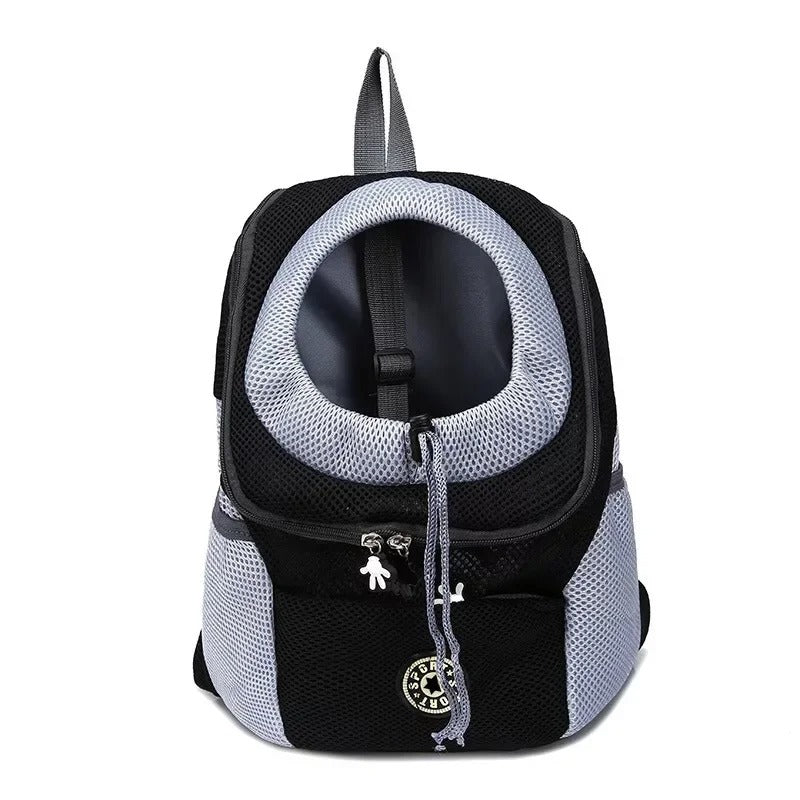 Schwarzer und grauer Haustier-Rucksack mit atmungsaktivem Netzdesign, ideal für Hunde und Katzen. Perfekt für Reisen und Outdoor-Aktivitäten.