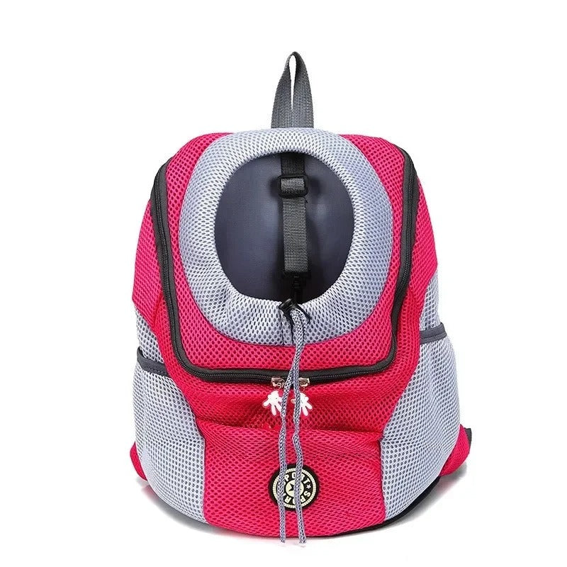 Roter und grauer Haustier-Rucksack mit atmungsaktivem Netzdesign, ideal für Reisen und Outdoor-Aktivitäten. Praktisch und stilvoll.
