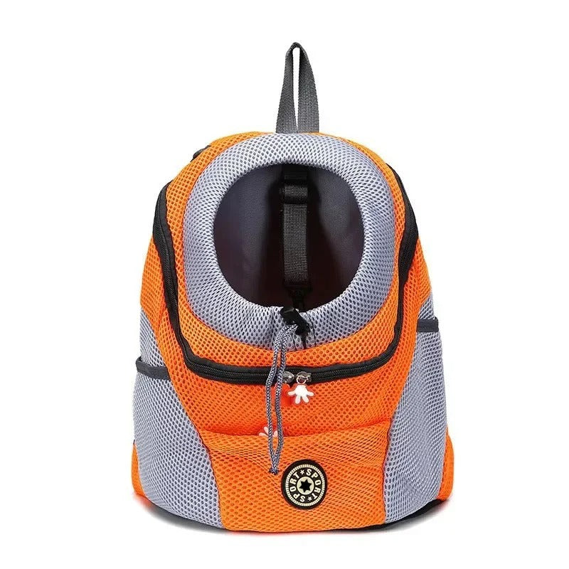Orange-grauer Haustier-Rucksack mit atmungsaktivem Netzdesign, ideal für Katzen und kleine Hunde. Praktisch, komfortabel, stilvoll.
