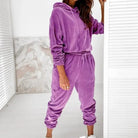 Damen Velours-Sweatshirt-Set in Violett, bestehend aus Kapuzenpullover und Jogginghose. Bequem, modisch, ideal für Freizeit und Sport.