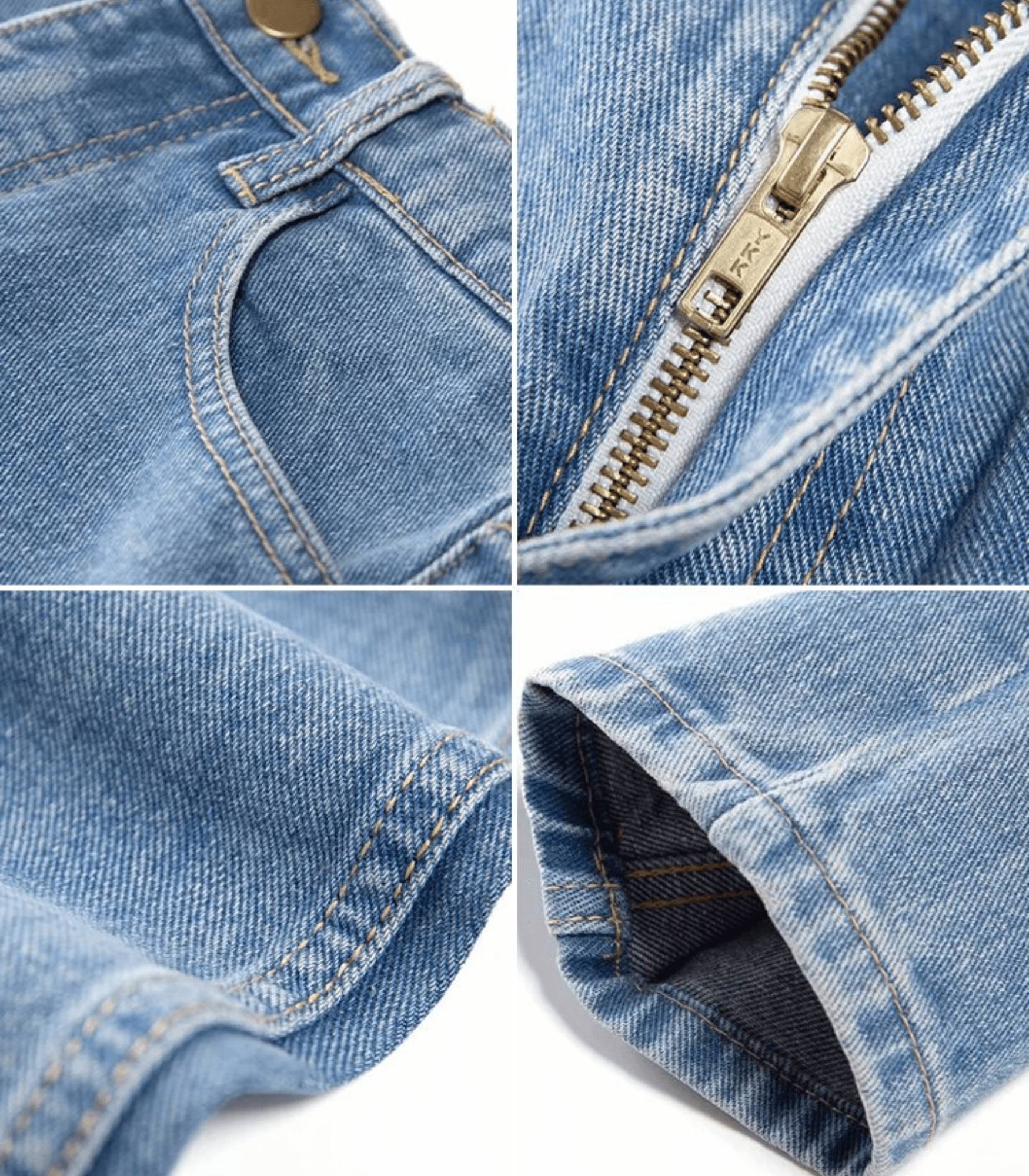 Vintage-Jeans mit hoher Taille, blauer Denim, Detailansicht von Reißverschluss und Nähten. Modetrend, Damenmode, zeitloser Stil.