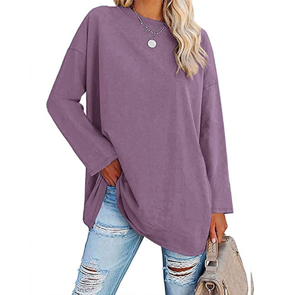 Lila Langarmshirt für Damen, lässig und bequem, ideal für Freizeitoutfits. Perfekt kombinierbar mit Jeans für einen modischen Look.