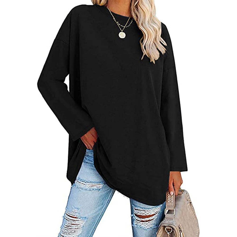 Schwarzes Langarmshirt für Damen, lässig und bequem, ideal für Freizeitmode. Perfekt kombinierbar mit Jeans für einen trendigen Look.