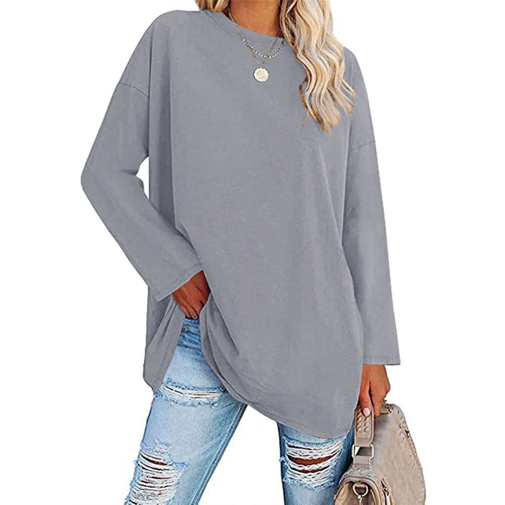 Graues Langarmshirt für Damen, lässig und bequem, ideal für Freizeitoutfits. Perfekt kombinierbar mit Jeans für einen entspannten Look.