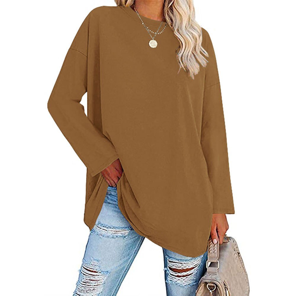 Damen Langarmshirt in Braun, lässig und bequem, ideal für Herbstmode. Perfekt kombinierbar mit Jeans für einen trendigen Look.