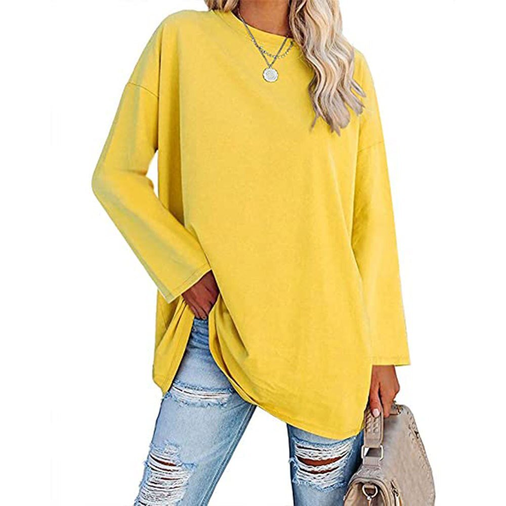 Gelbes Langarmshirt für Damen, lässig und bequem, ideal für Freizeitmode. Perfekt kombinierbar mit Jeans. Trendige Damenbekleidung.