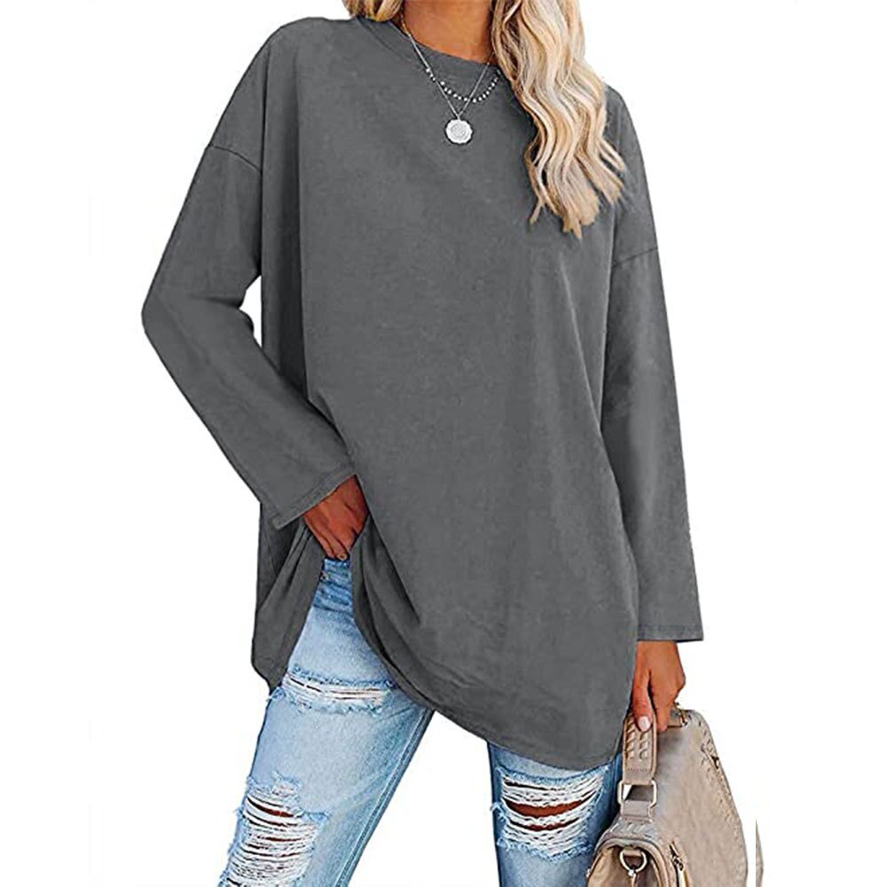 Graues Langarmshirt für Damen, lässig und bequem, ideal für den Alltag. Perfekt kombinierbar mit Jeans. Modetrend 2023, vielseitig tragbar.