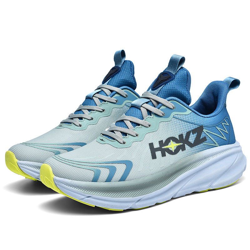 Blaue Laufschuhe mit gelber Sohle, atmungsaktives Mesh, sportliches Design, Herren Sneaker.