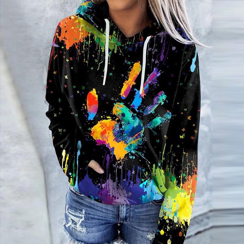 Bunter Hoodie mit Handabdruck-Design, ideal für Streetwear. Perfekt für trendige Mode, lässiger Stil, digitaler Druck, auffällige Farben.
