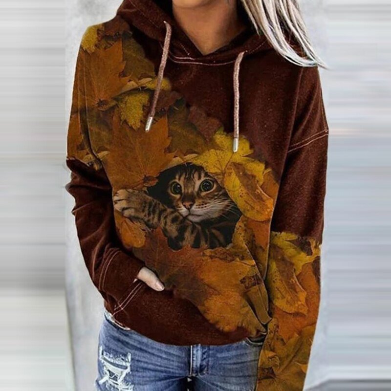 Damenpullover mit digitalem Wolfdruck, herbstliche Blätter, lässiger Stil, ideal für modische Herbstoutfits, bequem und trendig.