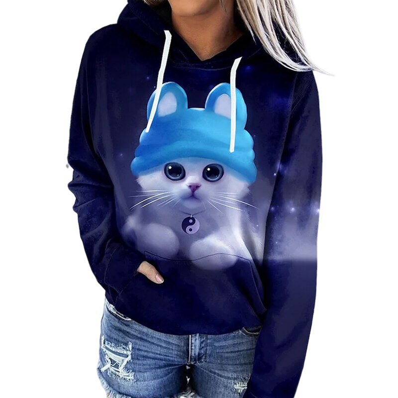 Damenpullover mit digitalem Druck: Süße Katze mit blauer Mütze und Yin-Yang-Anhänger. Bequemer Hoodie, ideal für Freizeit und Mode.