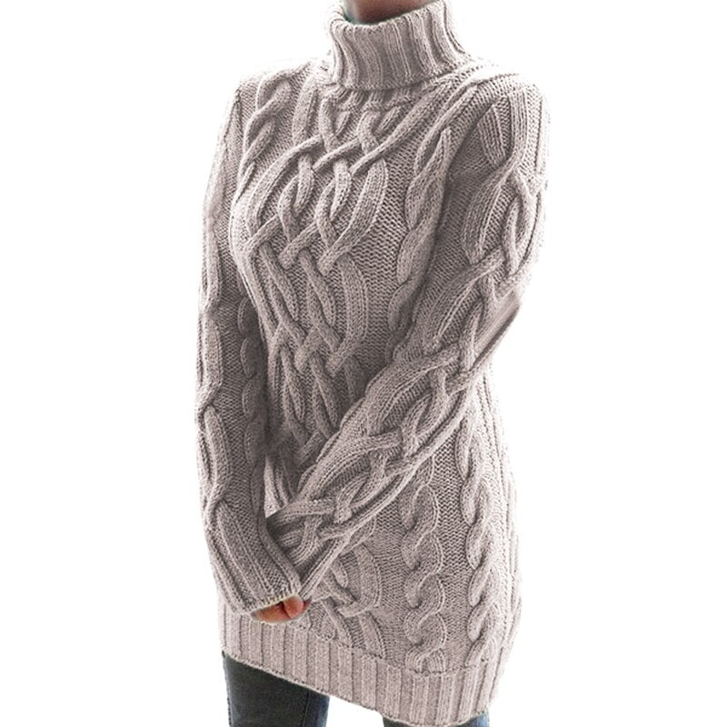 Stylisches Strickkleid in Grau, Zopfmuster, Rollkragen, warm und gemütlich, ideal für Herbst und Winter. Perfekt für modische Outfits.