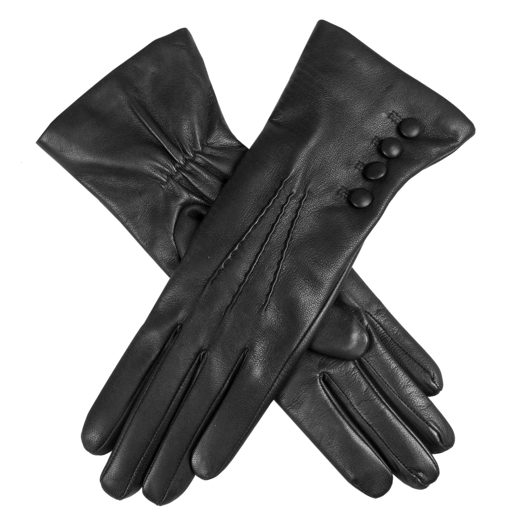 Damen-Lederhandschuhe mit Knöpfen, elegant und stilvoll. Hochwertiges schwarzes Leder, ideal für Herbst und Winter. Perfekt für modische Outfits.