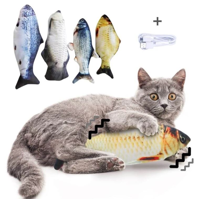 Graue Katze mit zappelndem Fischspielzeug, USB-ladbar, interaktiv, für Katzenunterhaltung.