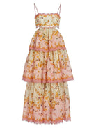 Zimmermann Pink Multi Laurel Stufenkleid: Elegantes Maxikleid mit floralen Mustern, Spaghettiträgern und Stufenrock. Perfekt für Sommer-Events.