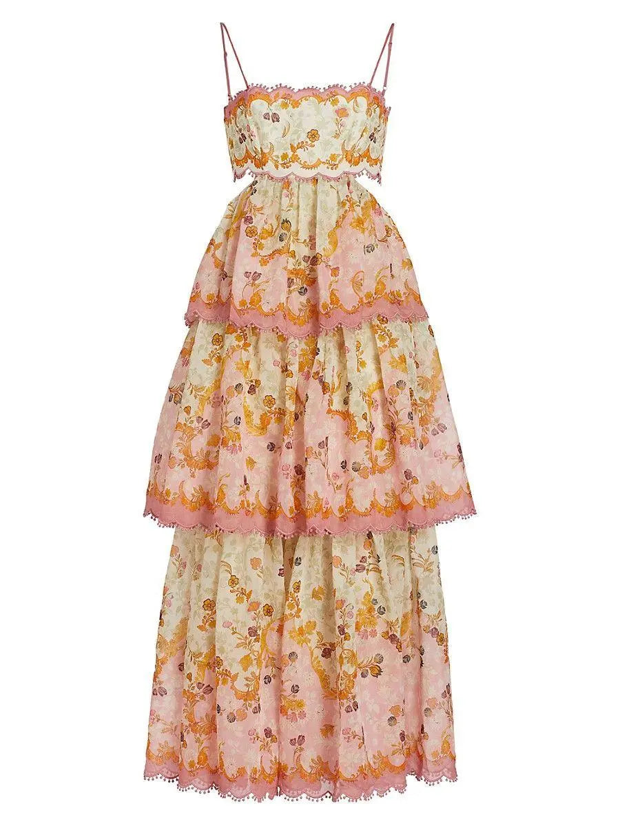 Zimmermann Pink Multi Laurel Stufenkleid: Elegantes Maxikleid mit floralen Mustern, Spaghettiträgern und Stufenrock. Perfekt für Sommer-Events.
