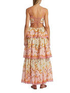 Zimmermann pinkes, mehrstufiges Maxi-Kleid mit offenem Rücken, floralen Mustern und Spaghettiträgern. Perfekt für Sommermode und elegante Anlässe.