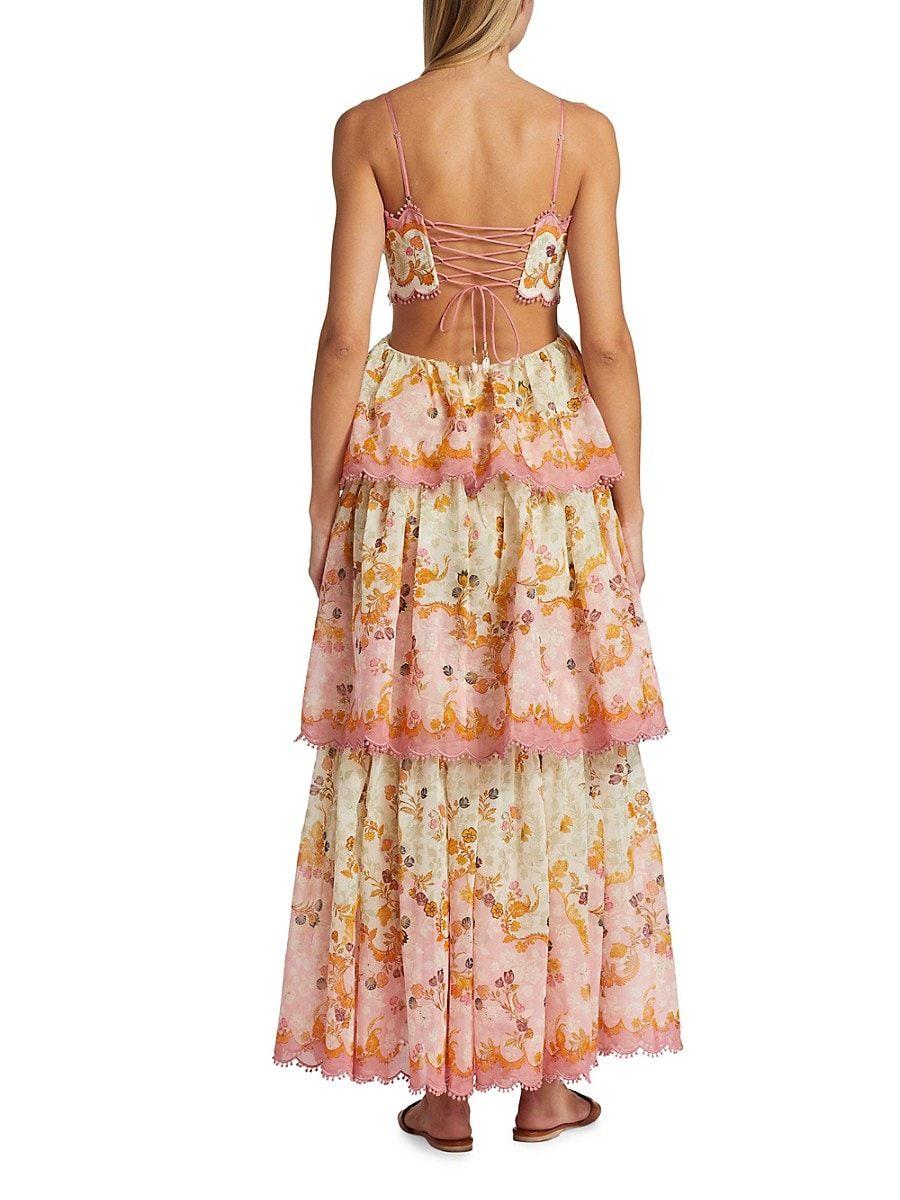 Zimmermann pinkes, mehrstufiges Maxi-Kleid mit offenem Rücken, floralen Mustern und Spaghettiträgern. Perfekt für Sommermode und elegante Anlässe.