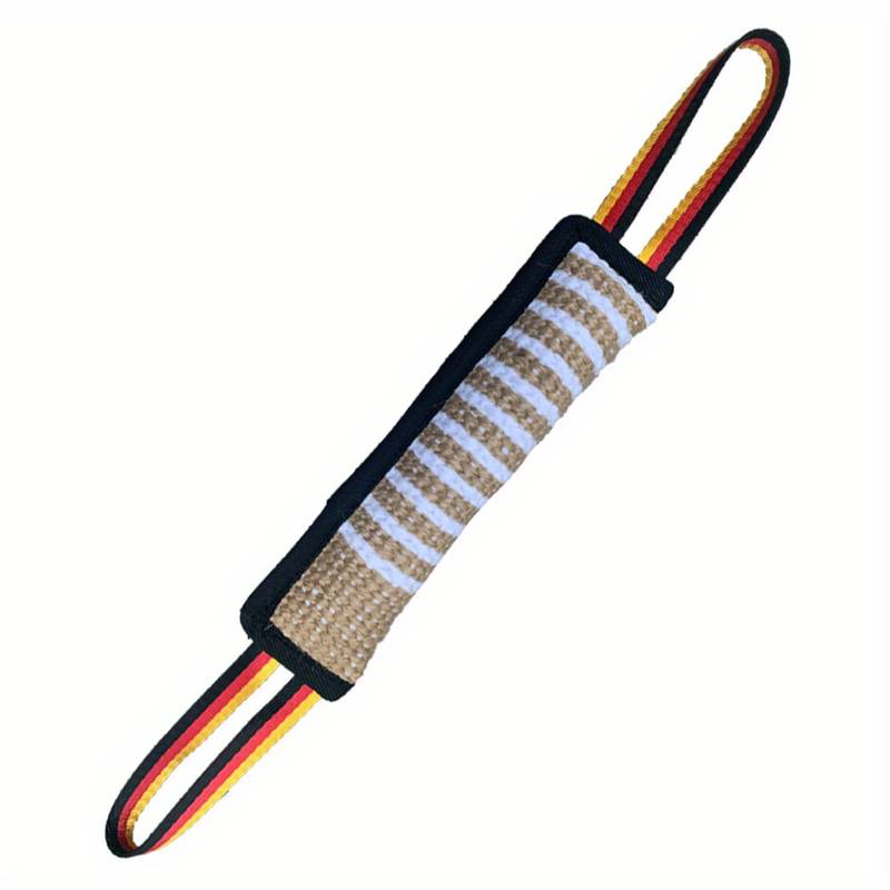 Beißkissen für Hunde, robustes Jutematerial, doppelte Griffe, ideal für Hundetraining, langlebig, hochwertig, schwarz-rot-gelb Design.