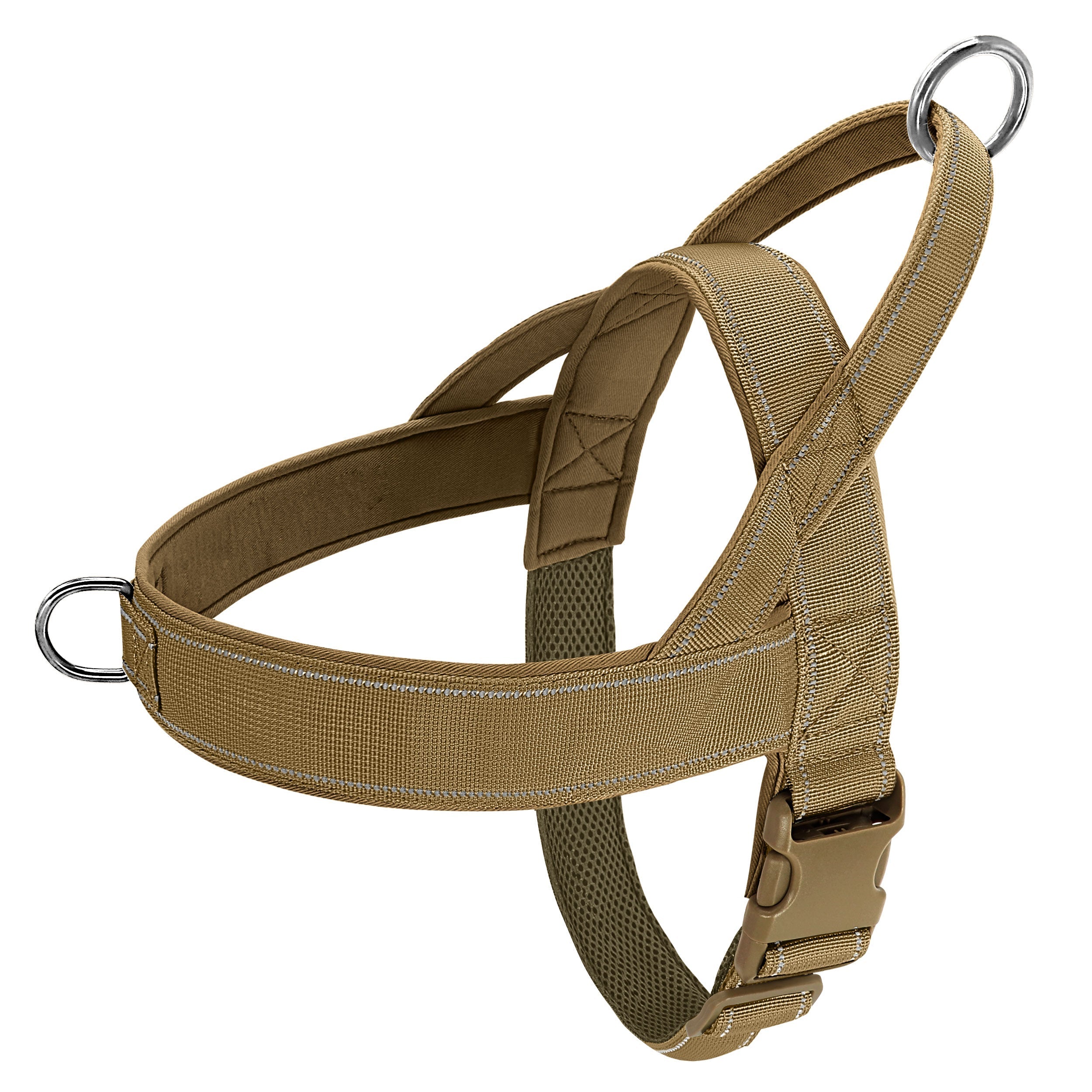 Taktisches Hundegeschirr in Beige, robust und verstellbar, ideal für Outdoor-Aktivitäten. Hochwertige Materialien, langlebig und komfortabel.